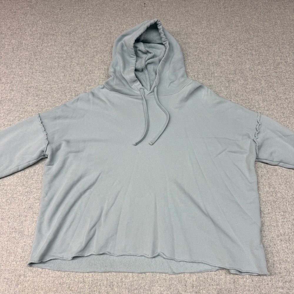Eileen Fisher Hoodie Sweatshirt Size Medium Blue Boxy Raw Hem French Terry Pullo - Picture 2 of 9